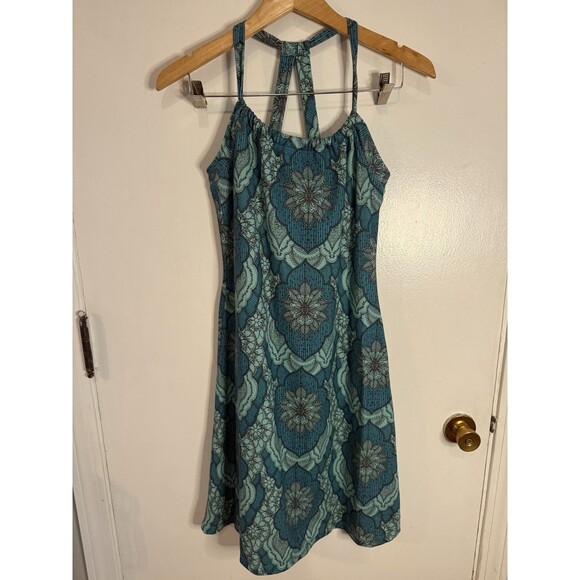 Prana Women’s S Quinn Dress Teal Geometric Pattern Shelf Bra Knee Length Dress - Picture 1 of 9
